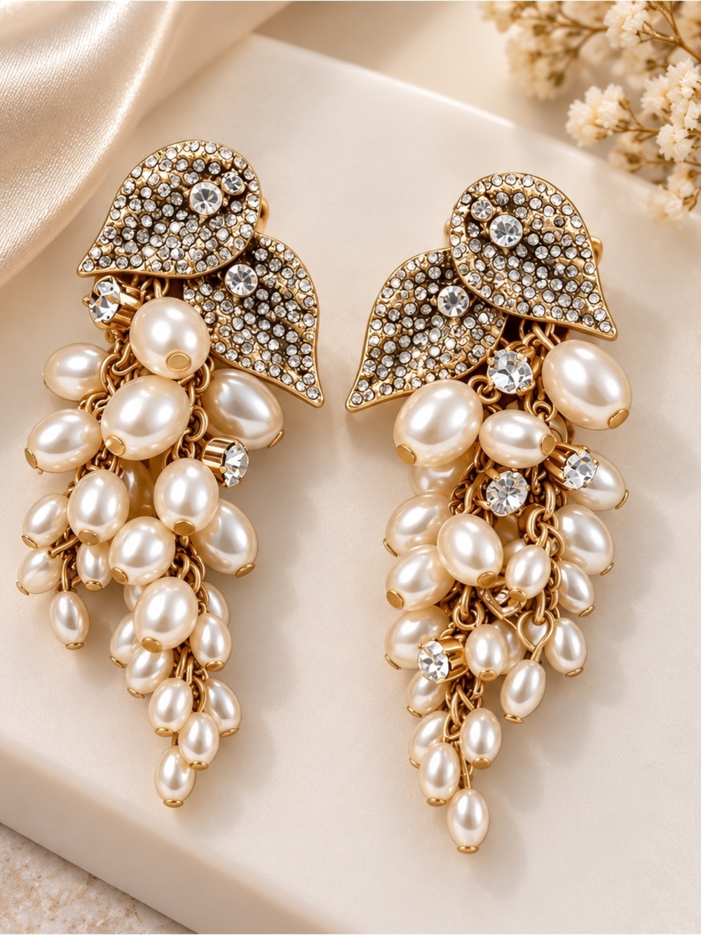 Anthropologie Gold Pearl & Crystal Leaf Cascade Earrings